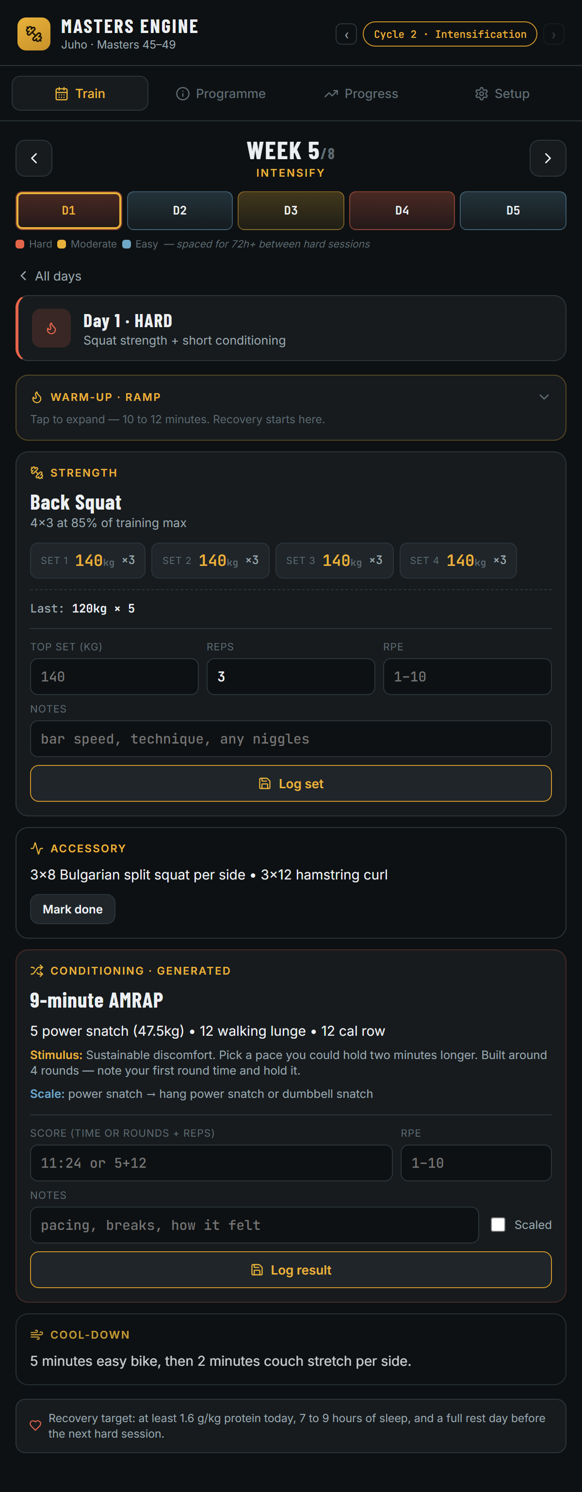 A generated hard day in the app: week 5 of 8, the day tabs marked hard, moderate and easy and spaced for 72 hours between hard sessions, a RAMP warm-up, back squat at 4 by 3 at 85 per cent of training max with the loads filled in, accessory work, a nine-minute AMRAP with a stimulus note, cool-down, and the day's recovery target.